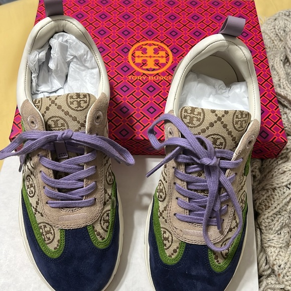 Tory Burch monogram good luck trainer. Perfect navy 200 - Picture 3 of 5